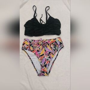 Bikini Women's Plus Size XL/XZL Black Palm Print Halter High Waist 2 Piece NEW